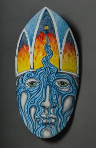 I am a River (Spirit Mask), Enamel (glass) on Steel, 11" Wall Sculpture